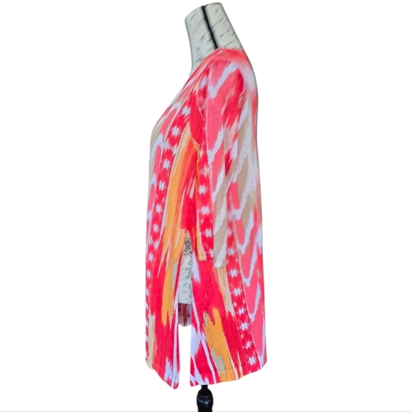 Chico's Red Orange Tie Dye 3/4 Sleeve Open Front Cardigan Sweater SP - Picture 3 of 7